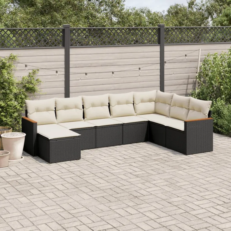 Sofos komplekti, 8 osaa, musta, polyrattana, tyynyillä