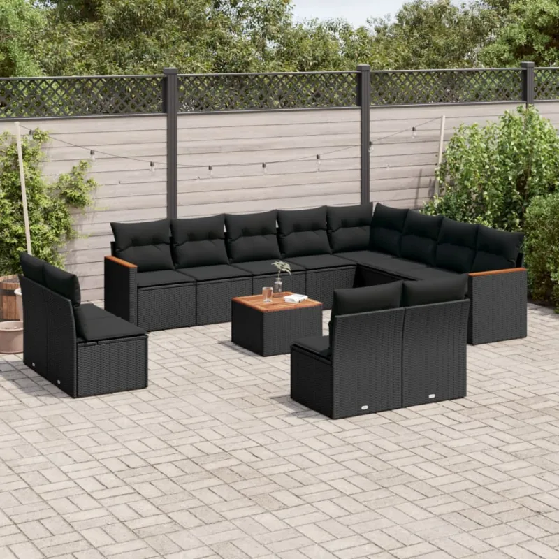 Sofos komplekti, 13 osaa, musta, polyrattana, tyynyillä