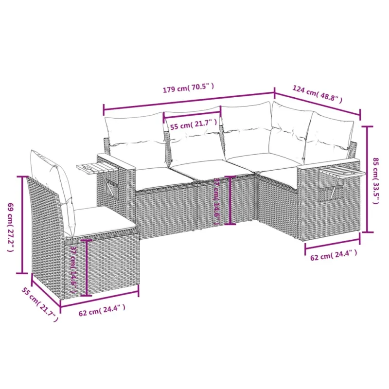Sofakokonaisuus tyynyine, 5 osaa, hiekka, polyratasta
