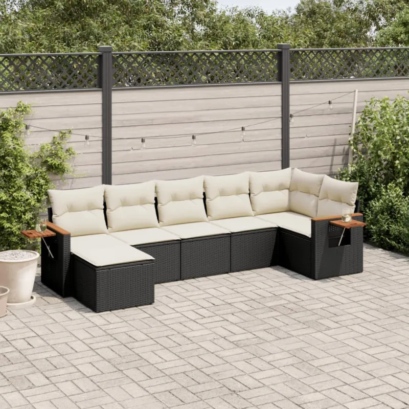 Sofos komplekti, 7 osaa, musta, polyrattana, tyynyillä