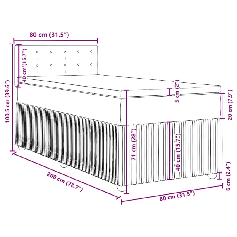 Lova su spyruoklėmis ir čiužiniu, juoda, 80x200cm, aksomas