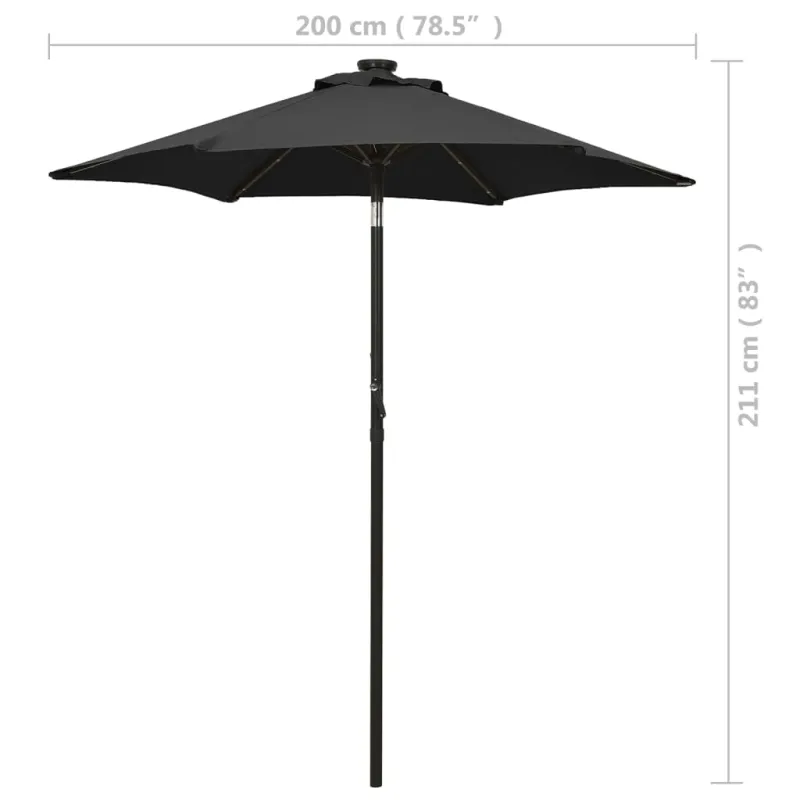 Sodo skėtis nuo saulės su LED, juodas, 200x211cm, aliuminis