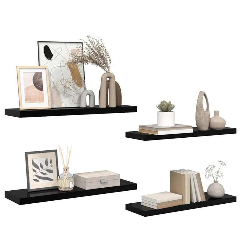 Pakabinamos lentynos, 4vnt., juodos, 80x23,5x3,8cm, MDF