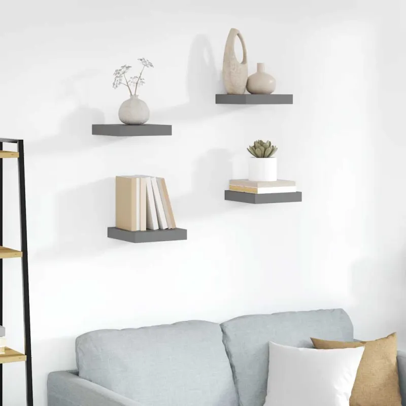 Pakabinamos lentynos, 4vnt., pilkos, 23x23,5x3,8cm, MDF