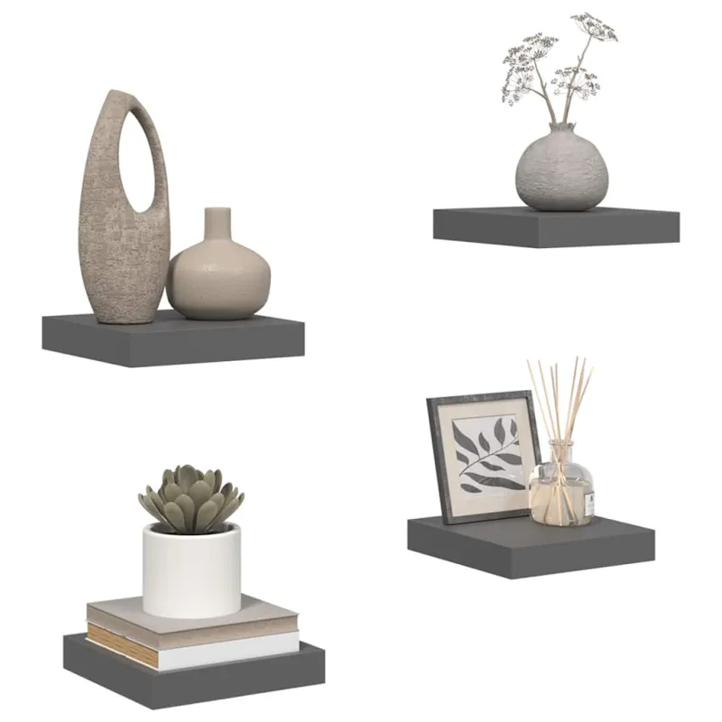 Pakabinamos lentynos, 4vnt., pilkos, 23x23,5x3,8cm, MDF