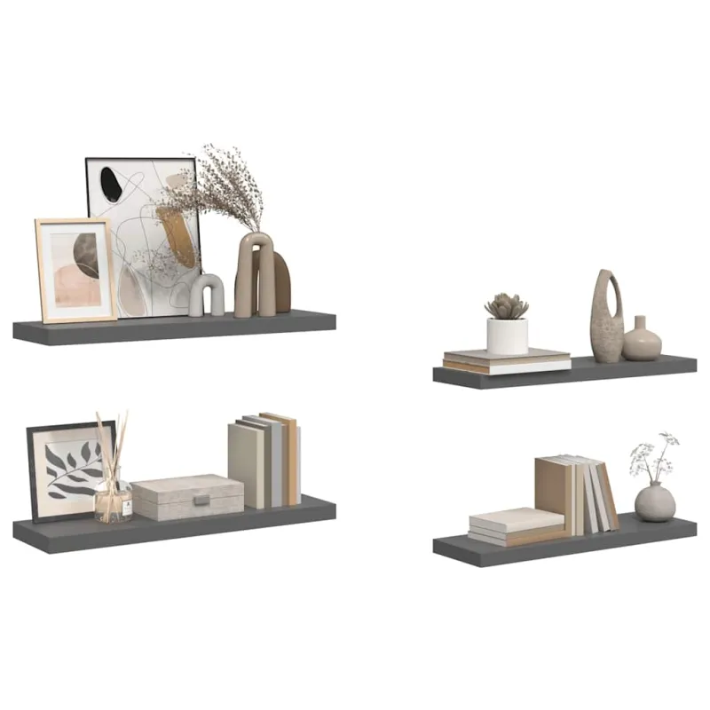 Pakabinamos lentynos, 4vnt., pilkos, 80x23,5x3,8cm, MDF