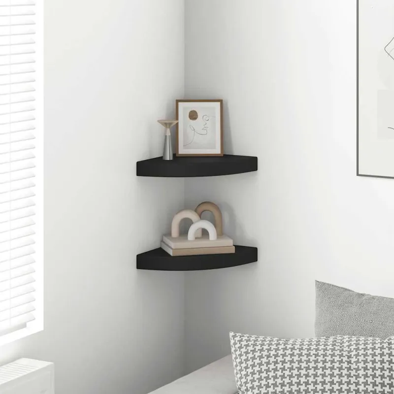 Pakabinamos kampinės lentynos, 2vnt., juodos, 25x25x3,8cm, MDF