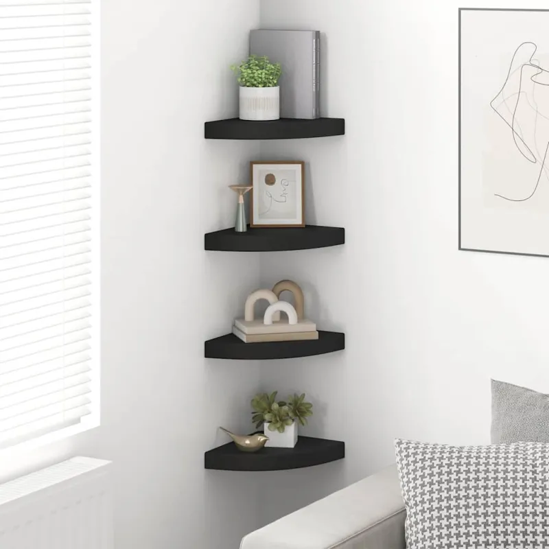 Pakabinamos kampinės lentynos, 4vnt., juodos, 25x25x3,8cm, MDF