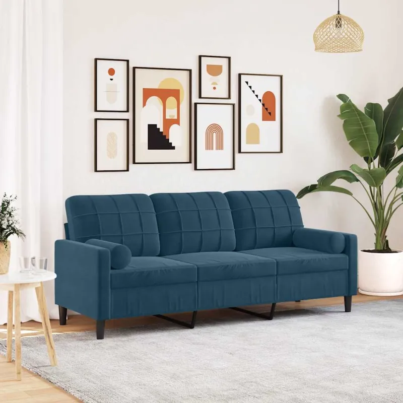 Trivietė sofa su pagalvėlėmis, mėlynos spalvos, 180cm, aksomas