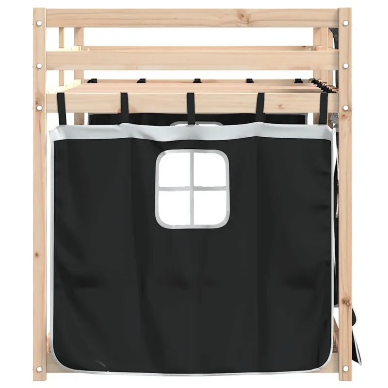Dviaukštė lova su užuolaidomis, balta/juoda, 90x190cm, pušis