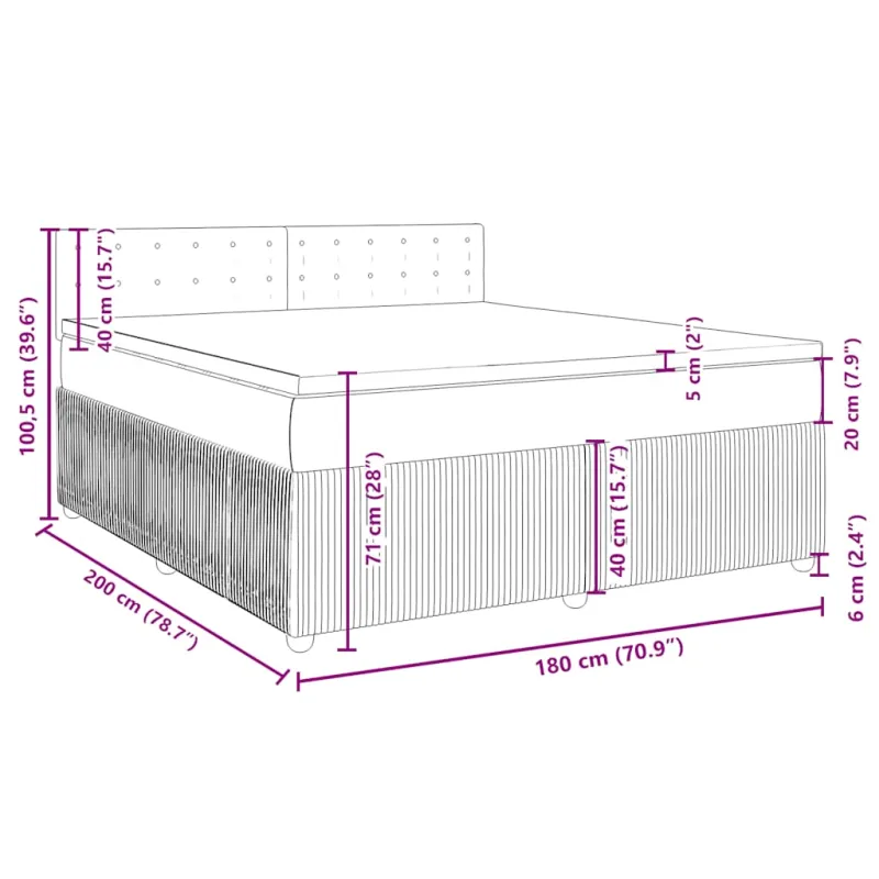 Lova su spyruoklėmis ir čiužiniu, pilka, 180x200 cm, aksomas