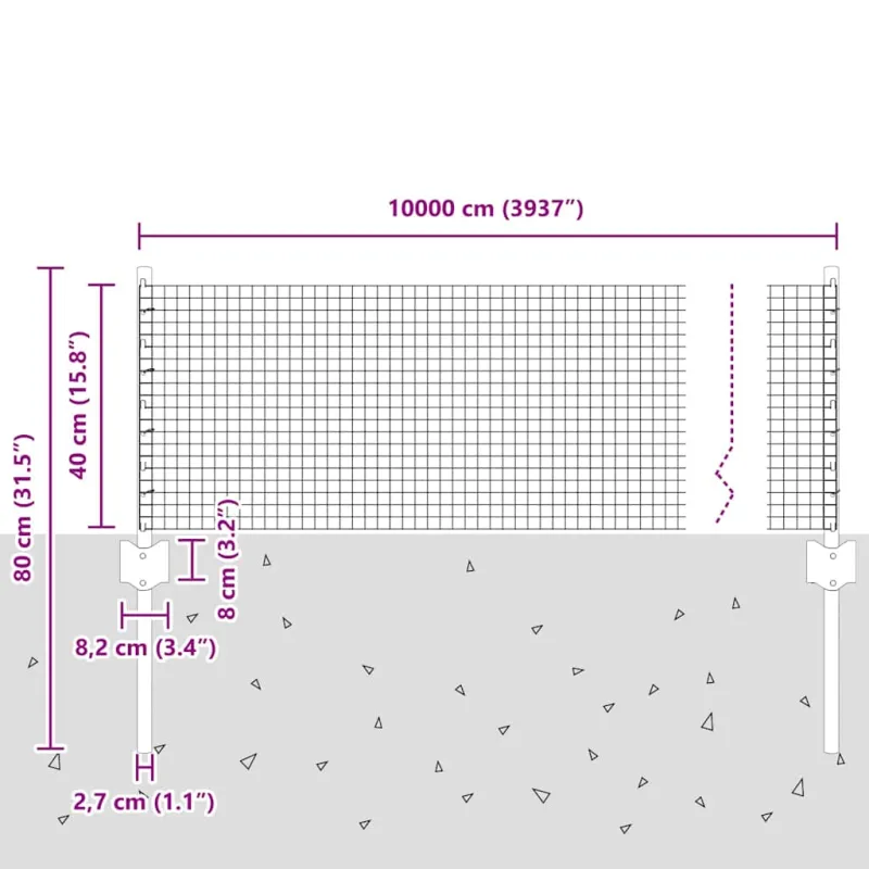 Suvirintas vielos tvora su stulpeliu 100 x 0,4 m (W x H)