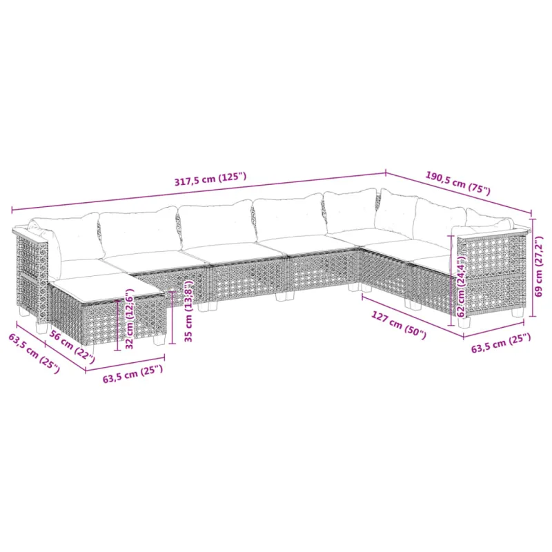 Sofoksen 8-osios osatkomplekti, musta, polyrattana, sisältää tyynyjä
