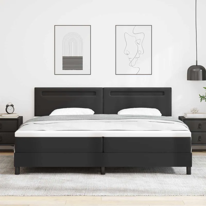 Kiemas lova su čiužiniu su LED Juoda 200 x 200 cm Dirbtinė oda