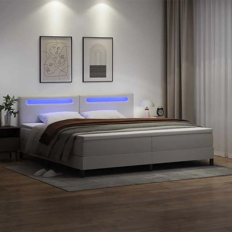 Kiemas lova su čiužiniu su LED Balta 200 x 200 cm Dirbtinė oda