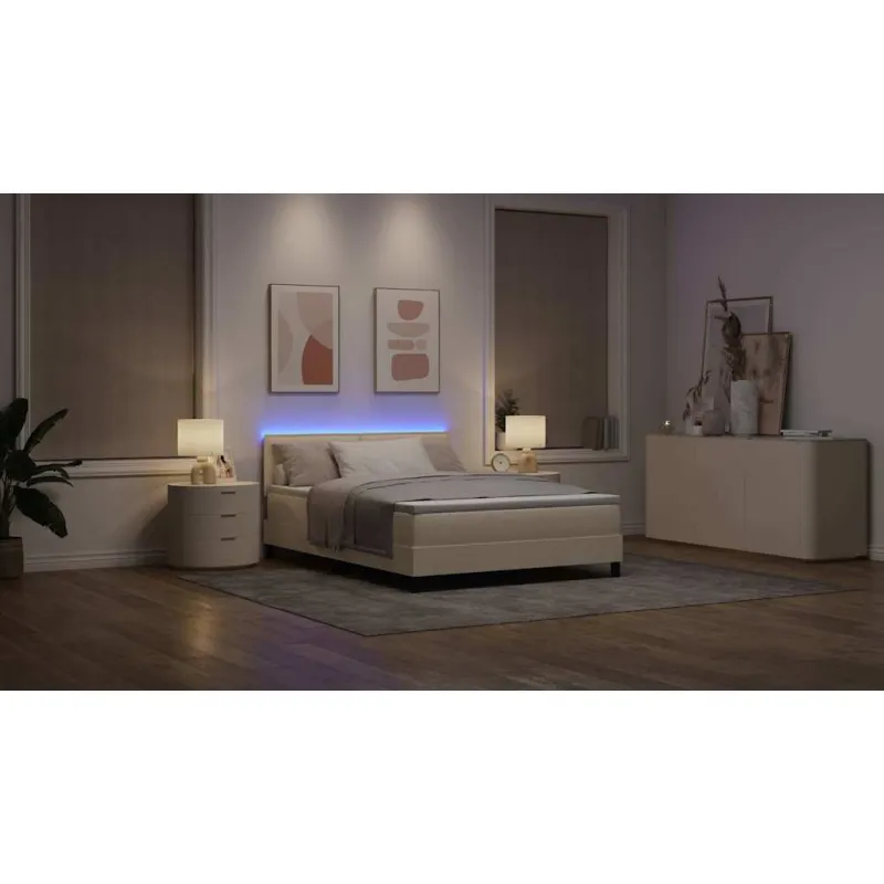 Kiemas lova su čiužiniu su LED Kreminė 140 x 190 cm audinys