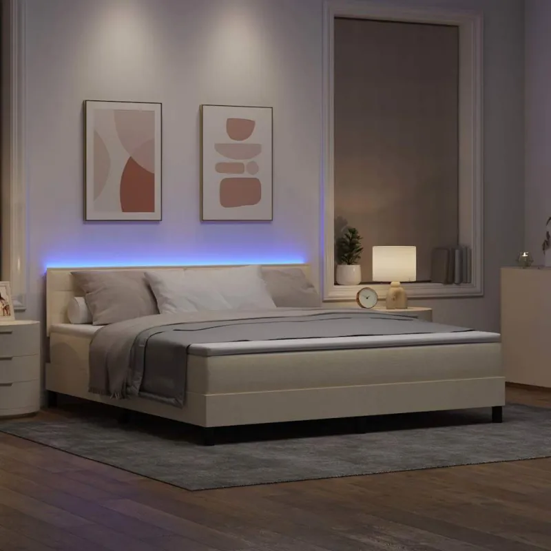 Kiemas lova su čiužiniu su LED Kreminė 180 x 200 cm audinys