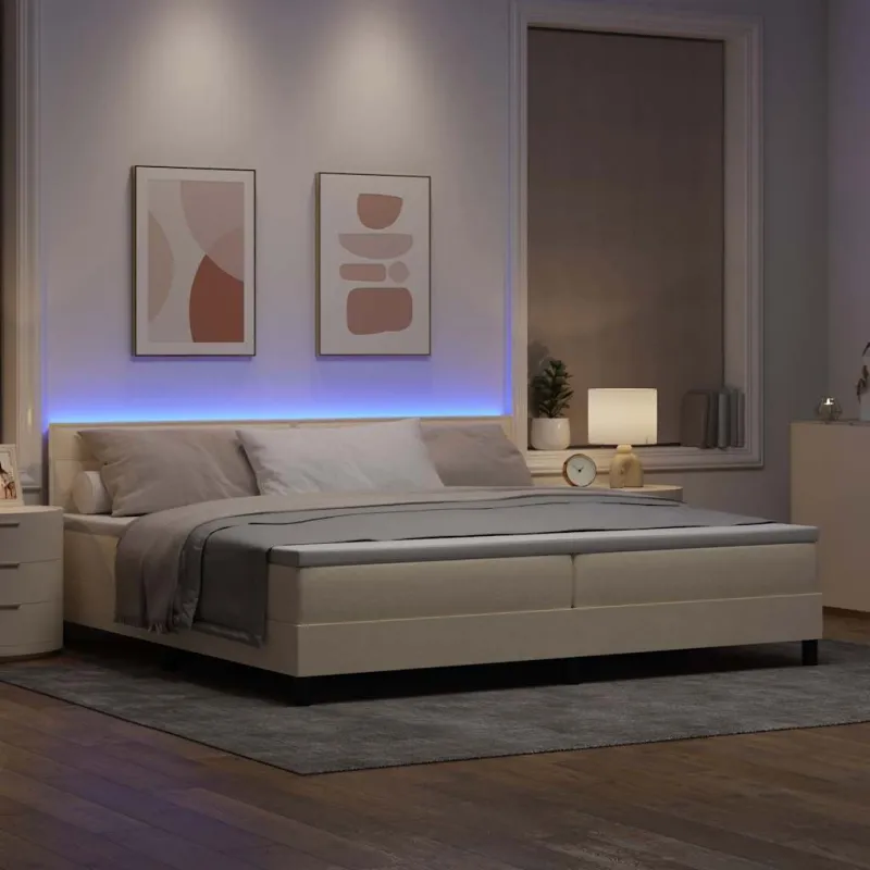 Kiemas lova su čiužiniu su LED Kreminė 200 x 200 cm audinys