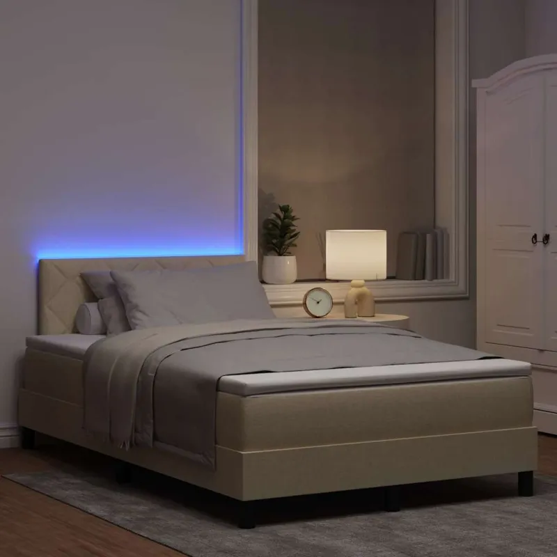 Kiemas lova su čiužiniu su LED Kreminė 120 x 200 cm audinys