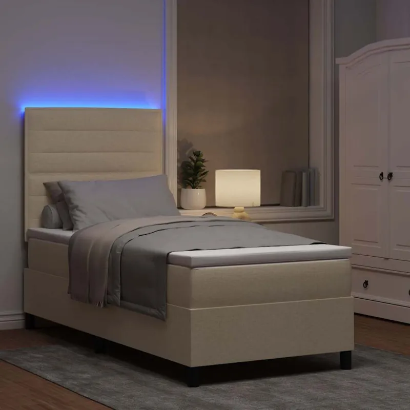Kiemas lova su čiužiniu su LED Kreminė 90 x 200 cm audinys