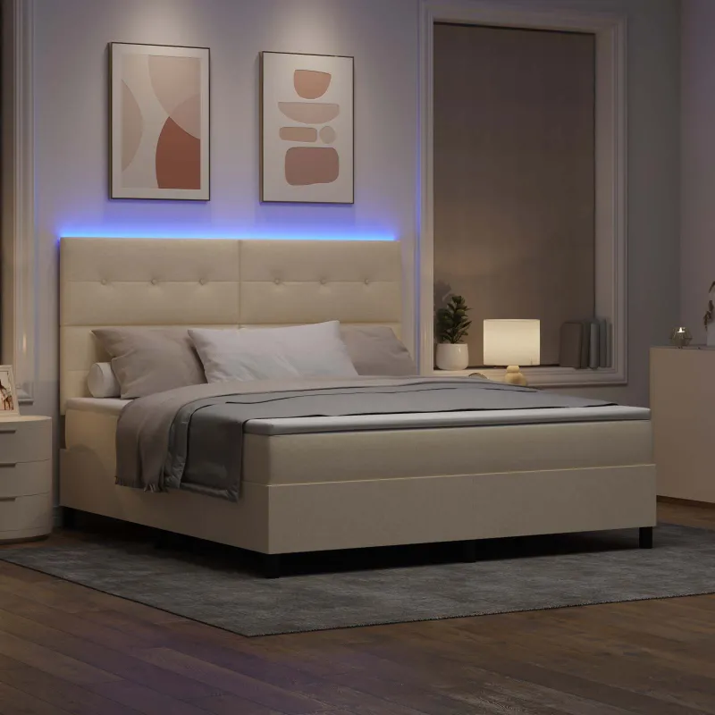 Kiemas lova su čiužiniu su LED Kreminė 180 x 200 cm audinys