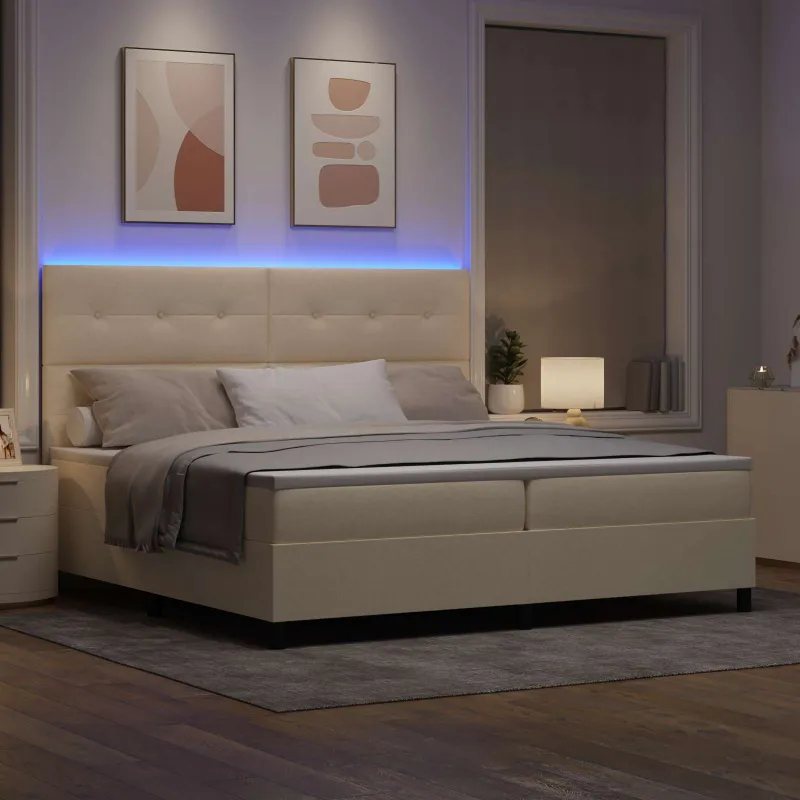 Kiemas lova su čiužiniu su LED Kreminė 200 x 200 cm audinys