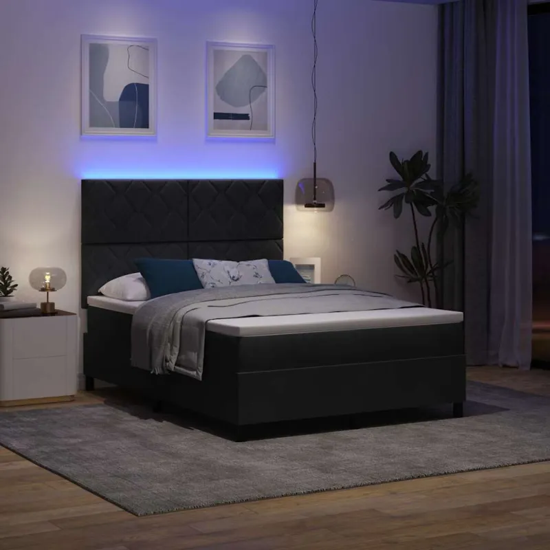 LED Čiužinio Lova su čiužiniu Juodas 140 x 190 cm Aksomas