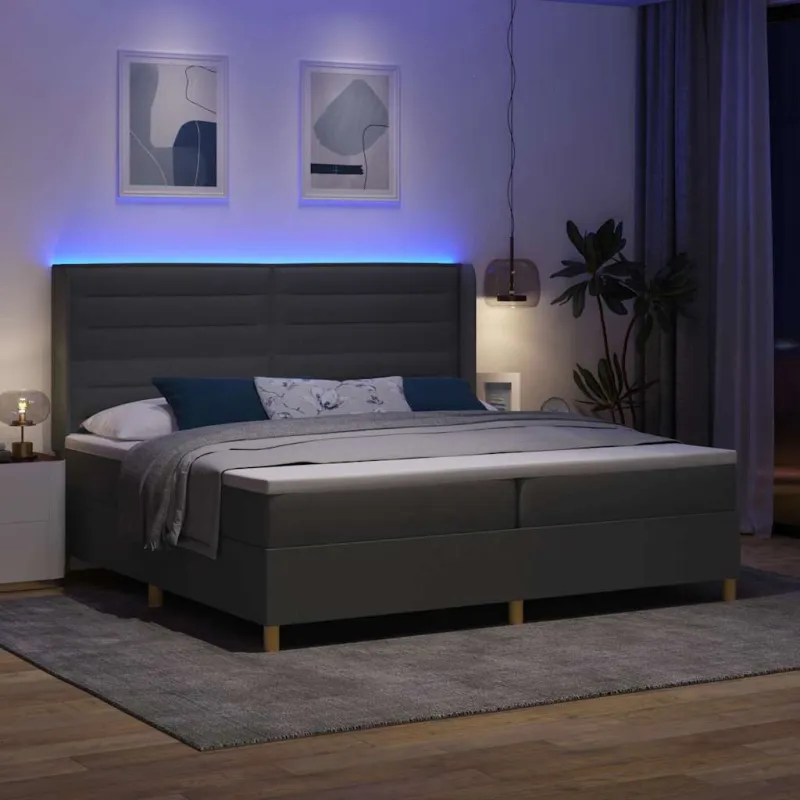 Kiemas lova su čiužiniu su LED Pilka 200 x 200 cm audinys
