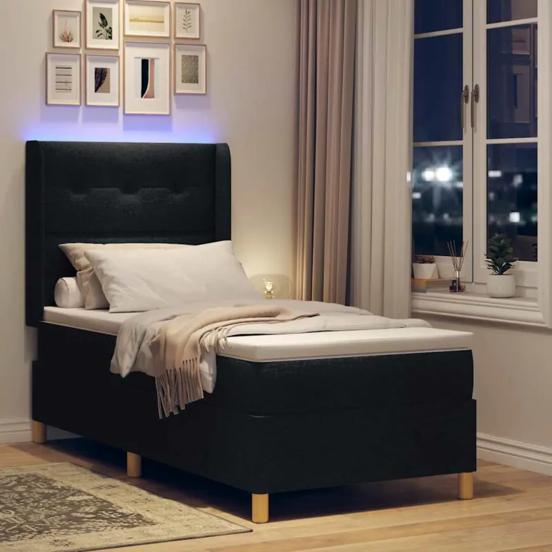 Kiemas lova su LED juostelėmis Juoda 90 x 190 cm audinys