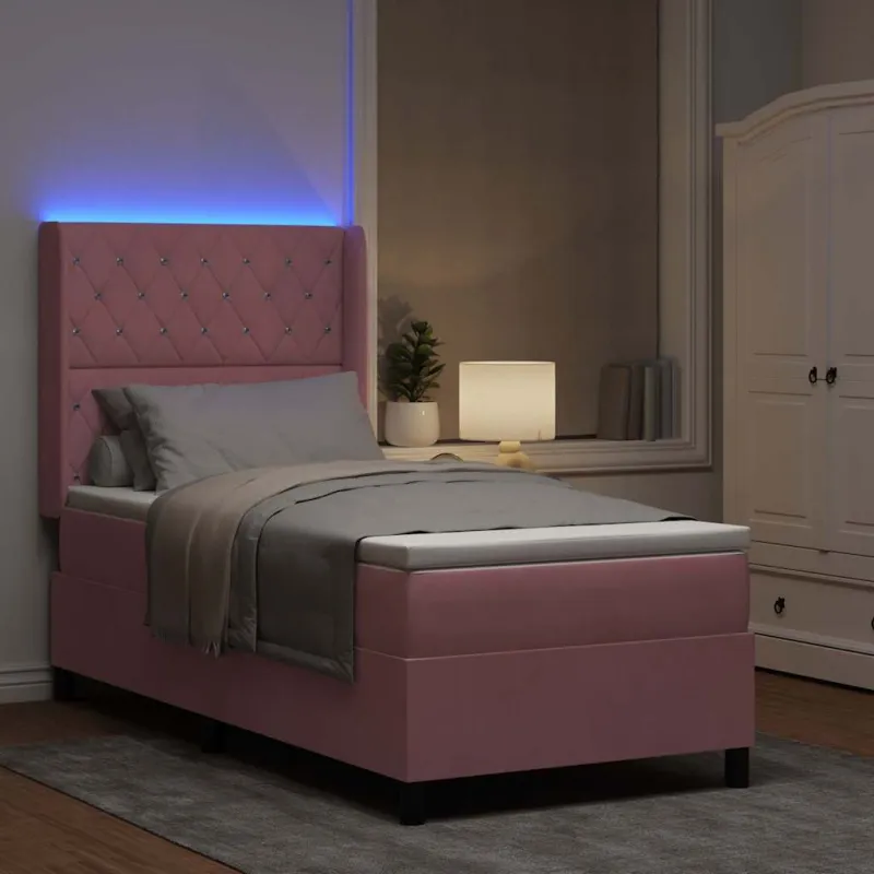 Kiemas lova su čiužiniu su LED Rožinė 100 x 200 cm Aksomas