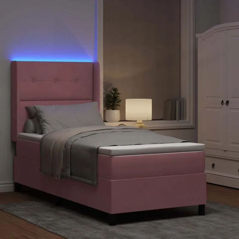 Kiemas lova su čiužiniu su LED Rožinė 90 x 200 cm Aksomas