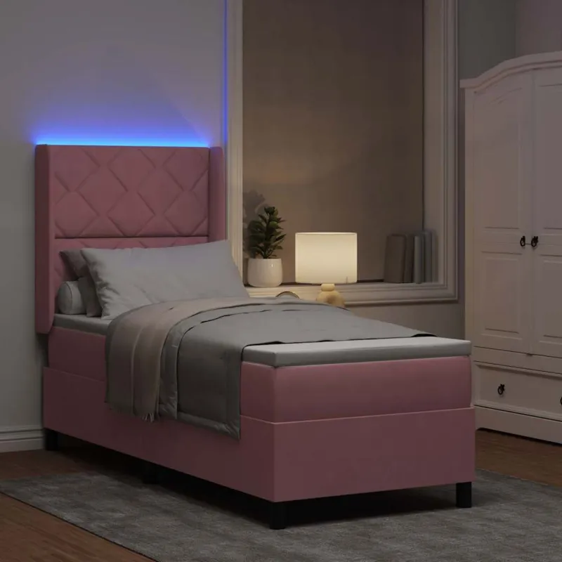 Kiemas lova su čiužiniu su LED Rožinė 80 x 200 cm Aksomas