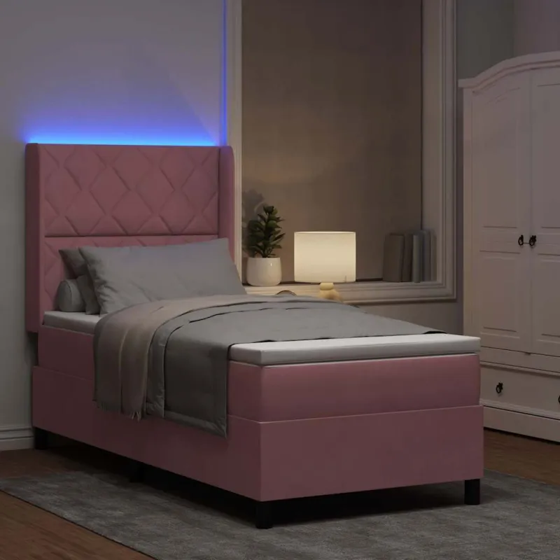 Kiemas lova su čiužiniu su LED Rožinė 90 x 200 cm Aksomas