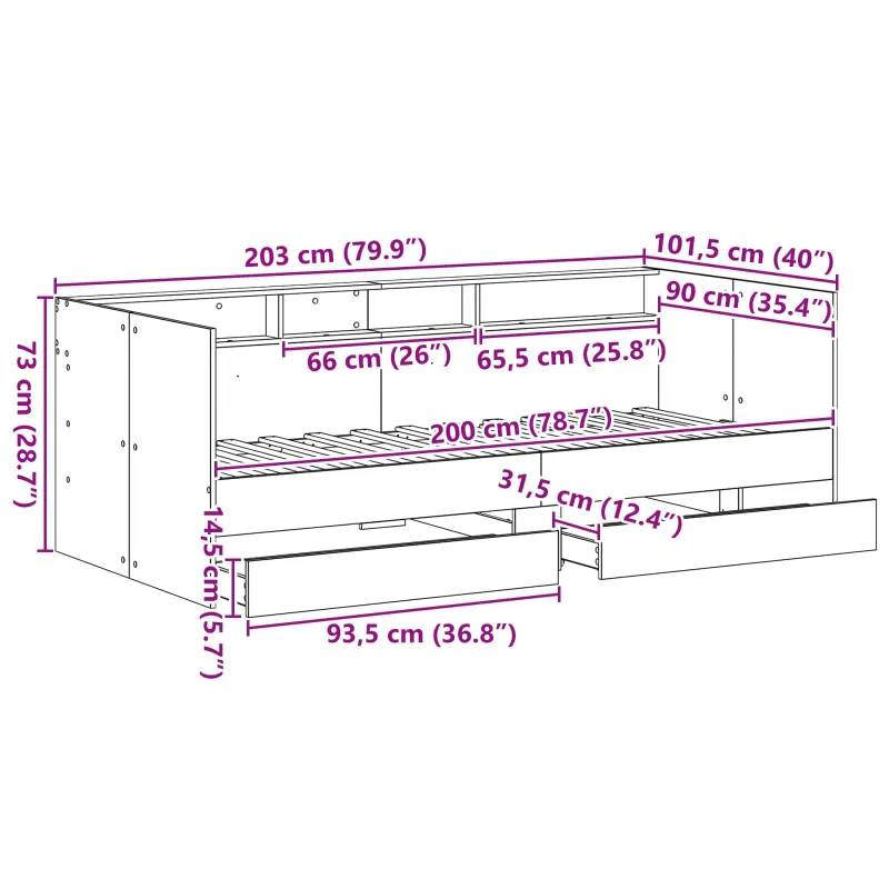 Dienos lova su stalčių Pilka 90 x 200 cm Apdirbta mediena