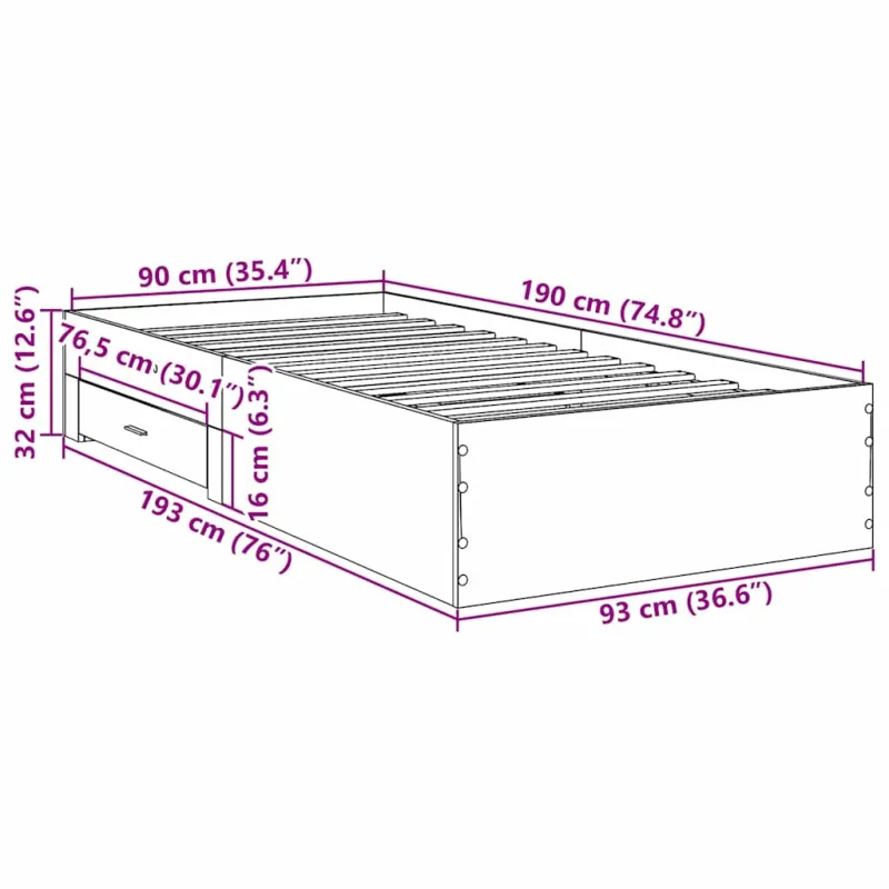 Lovos rėmas su stalčių Ruda 90 x 190 cm Apdirbta mediena