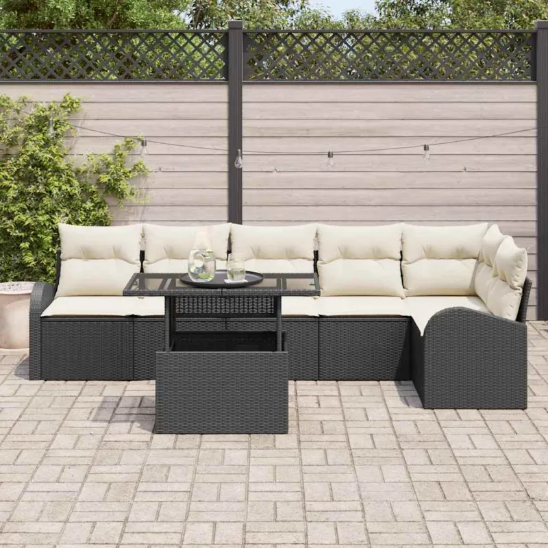 Sodo Sofų Rinkinys 7 pcs Juoda ir kreminė poliratanas