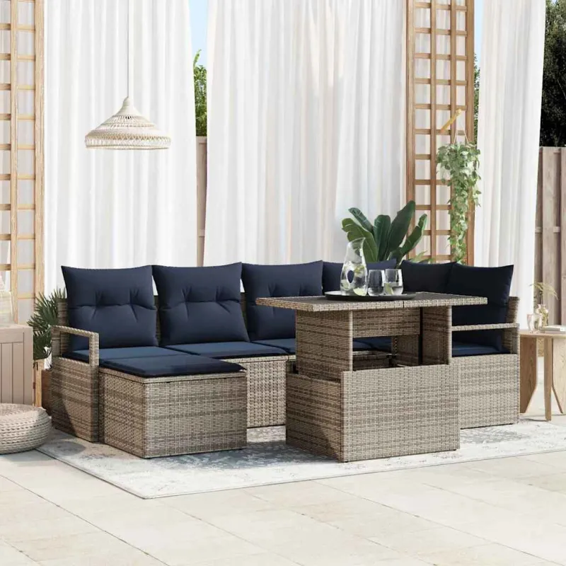 Sodo Sofų Rinkinys 7 pcs Pilka ir tamsiai mėlyna Poli ratanas