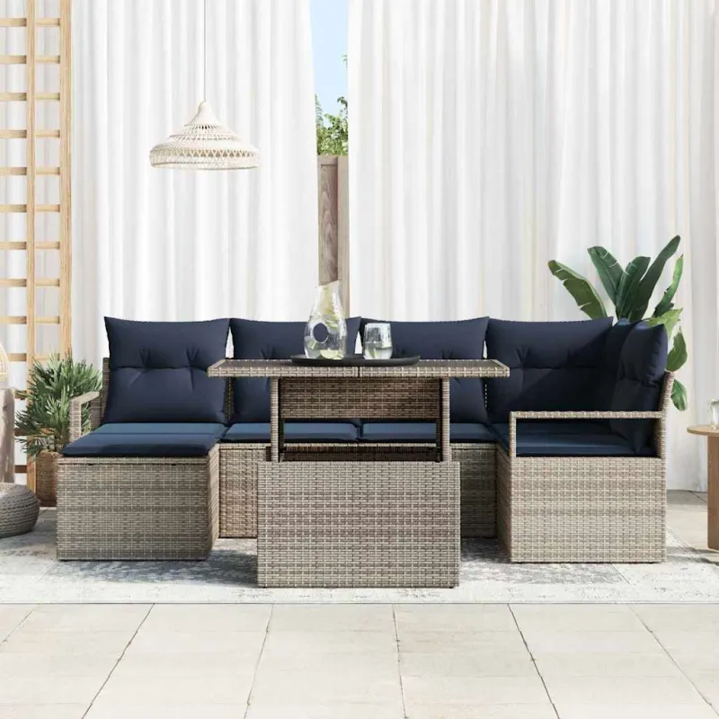 Sodo Sofų Rinkinys 7 pcs Pilka ir tamsiai mėlyna Poli ratanas