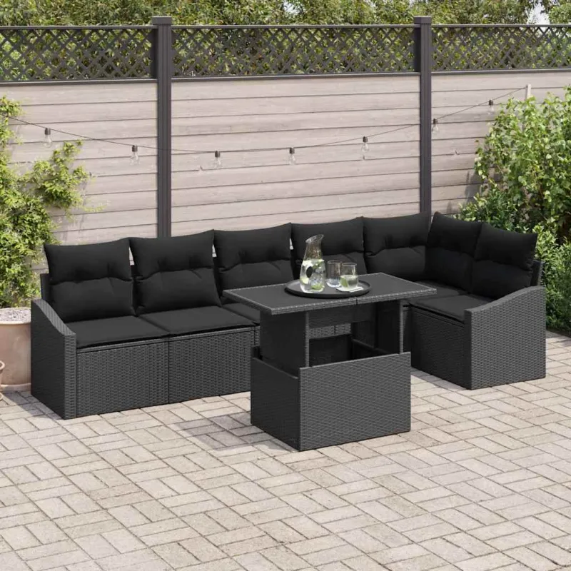 Sodo Sofų Rinkinys su pagalve 7 pcs Juoda poliratanas