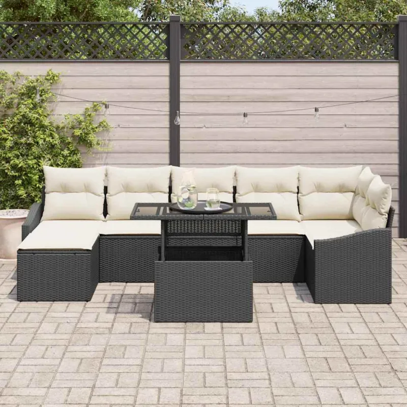 Sodo Sofų Rinkinys 8 pcs Juoda ir kreminė poliratanas