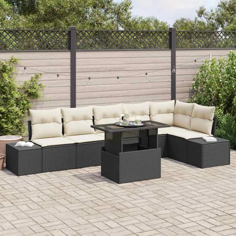Sodo Sofų Rinkinys su pagalve 7 pcs Juoda ir kreminė