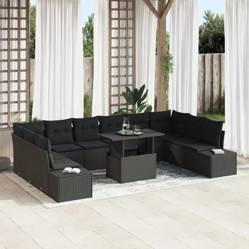Sodo Sofų Rinkinys su pagalve su saugykla 11 pcs Juoda