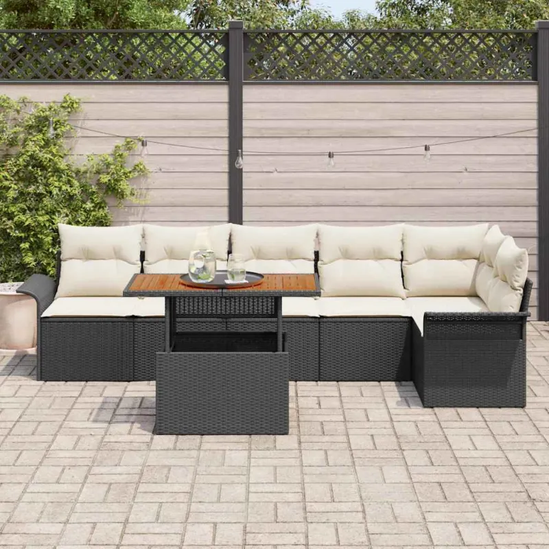 Sodo Sofų Rinkinys 7 pcs Juoda ir kreminė poliratanas