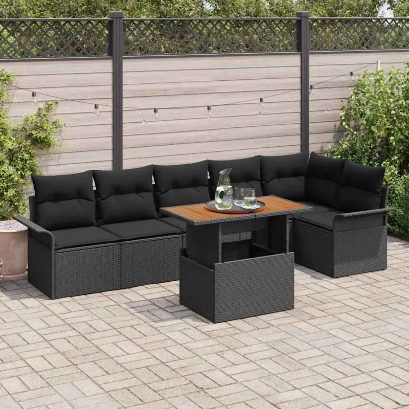 Sodo Sofų Rinkinys su pagalve 7 pcs Juoda poliratanas