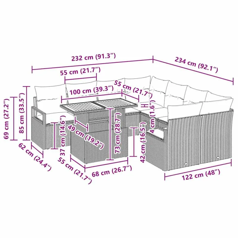 Sodo valgomojo komplektas su pagalve 9 pcs Bežinė ir pilka
