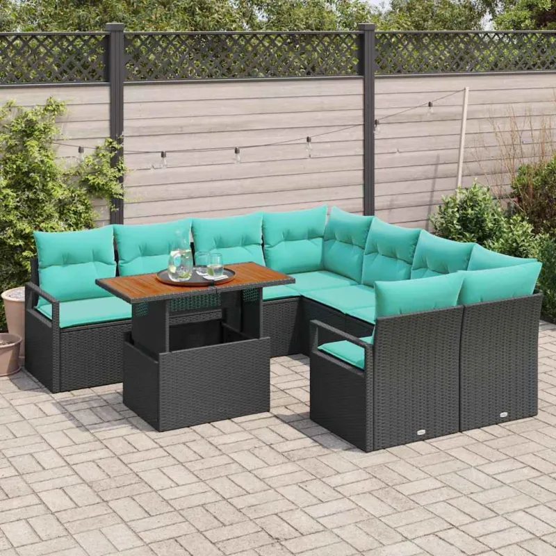 Sodo valgomojo komplektas 9 pcs Juoda ir žalsvai mėlyna