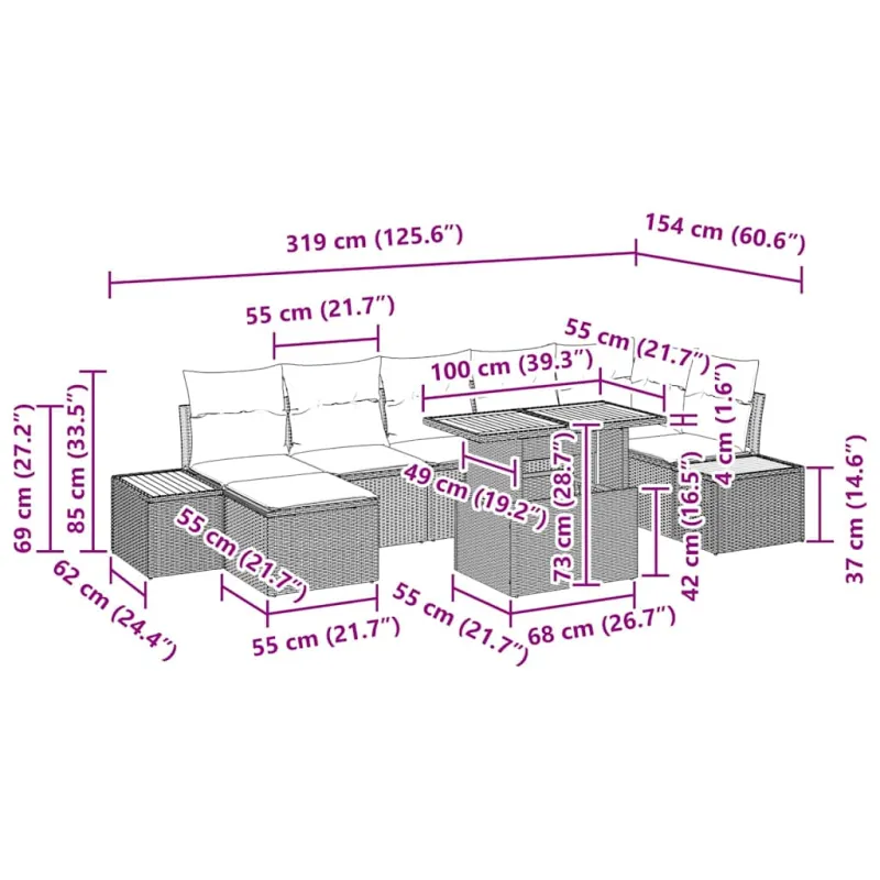 Sodo valgomojo komplektas su pagalve 8 pcs Juoda ir smėlinė