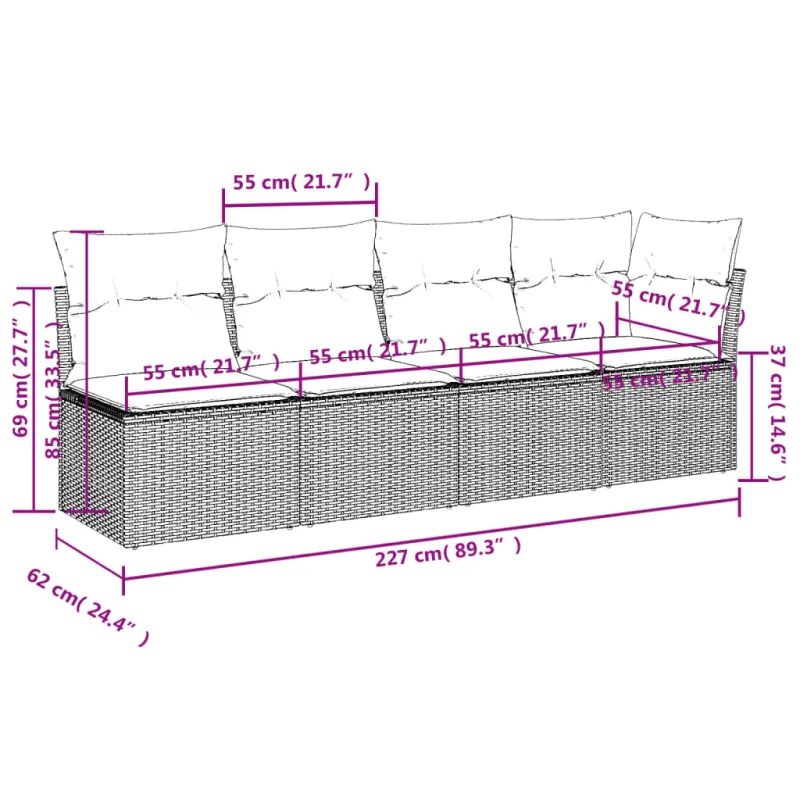 Sofakokonaisuus tyynyine, 7 osaa, harmaa, polyratasta