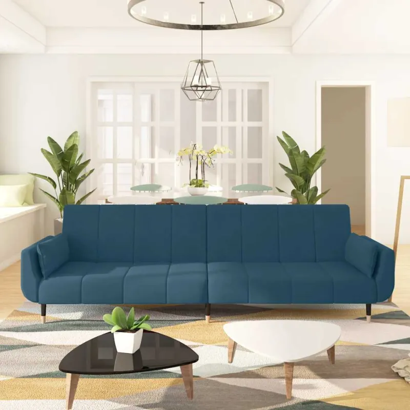 Dvivietė sofa-lova su dvejomis pagalvėmis, mėlyna, aksomas