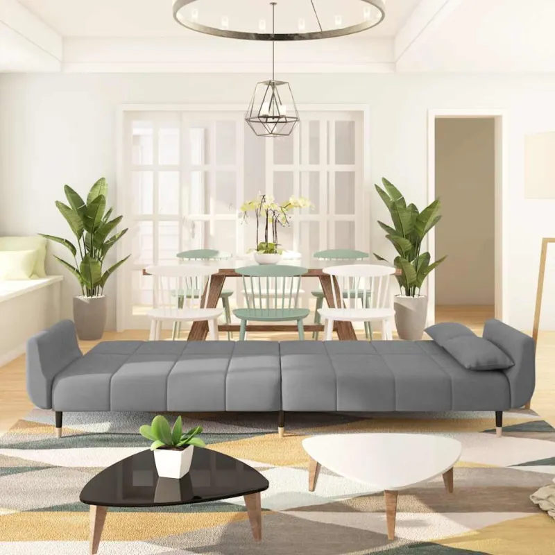 Dvivietė sofa-lova su dvejomis pagalvėmis, pilka, aksomas